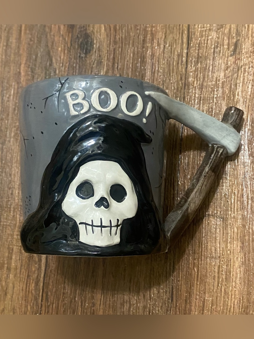 2021 Blue Sky Halloween Mug Cup Grim Reaper Fig Skull Axe Handle 4”H Goth